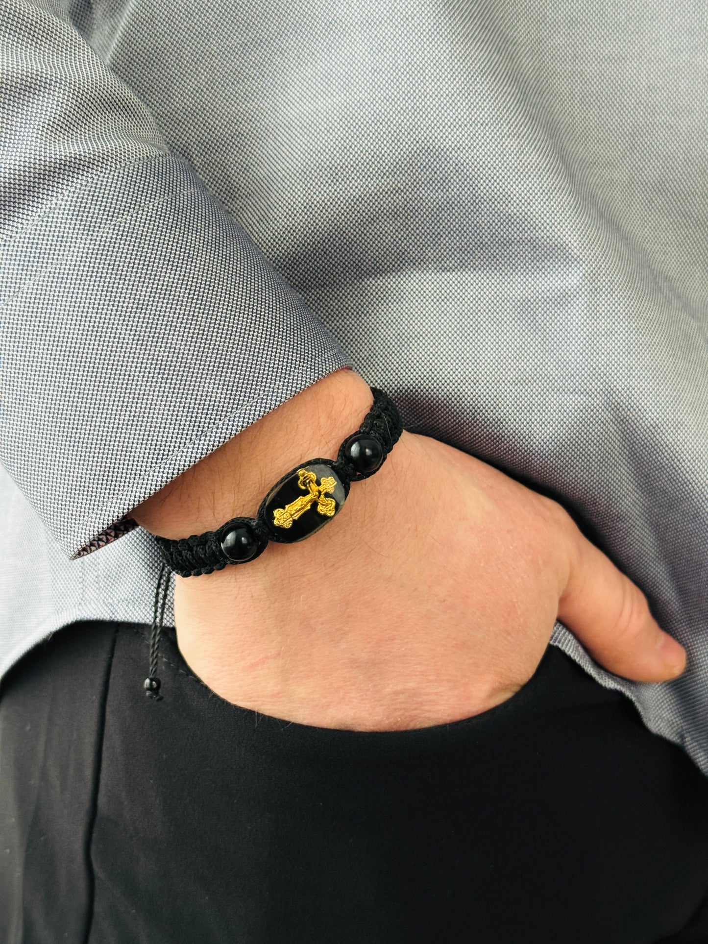 Jet Protection Bracelet with Gold Cross – Handmade Talisman