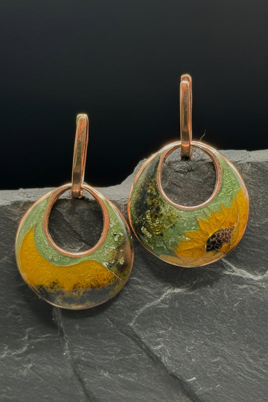 Sunflower & Crescent Minanqari Earrings – Gold-Plated Silver Enamel Earrings