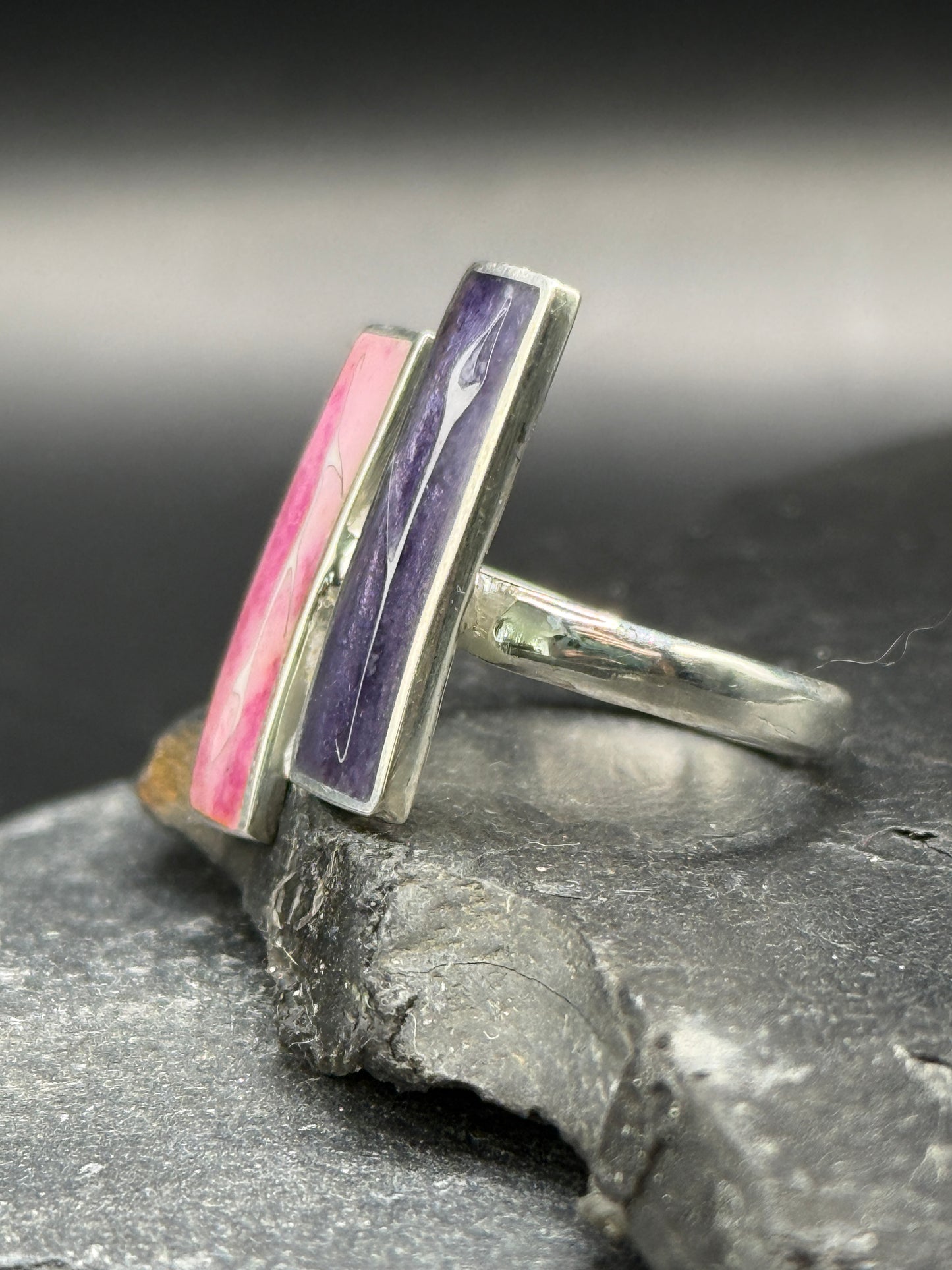 Pink & Violet Calla Minanqari Ring – Handmade Silver Enamel Ring