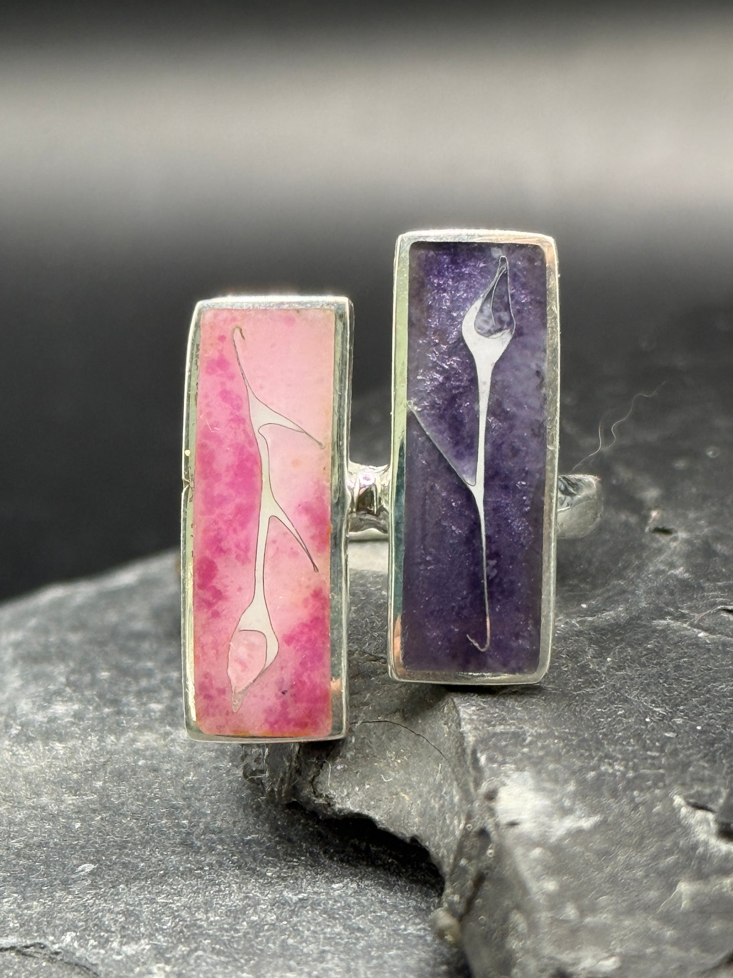 Pink & Violet Calla Minanqari Ring – Handmade Silver Enamel Ring