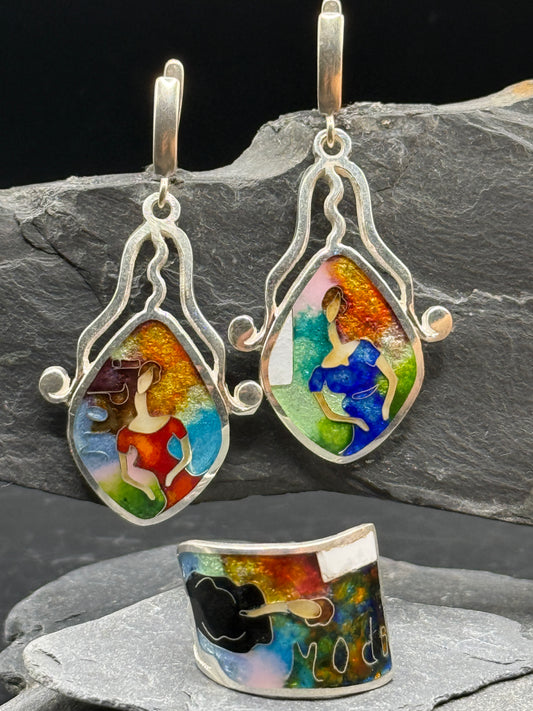 Earrings & Ring "Modigliani Muse" - Minanqari Silver & Enamel Set