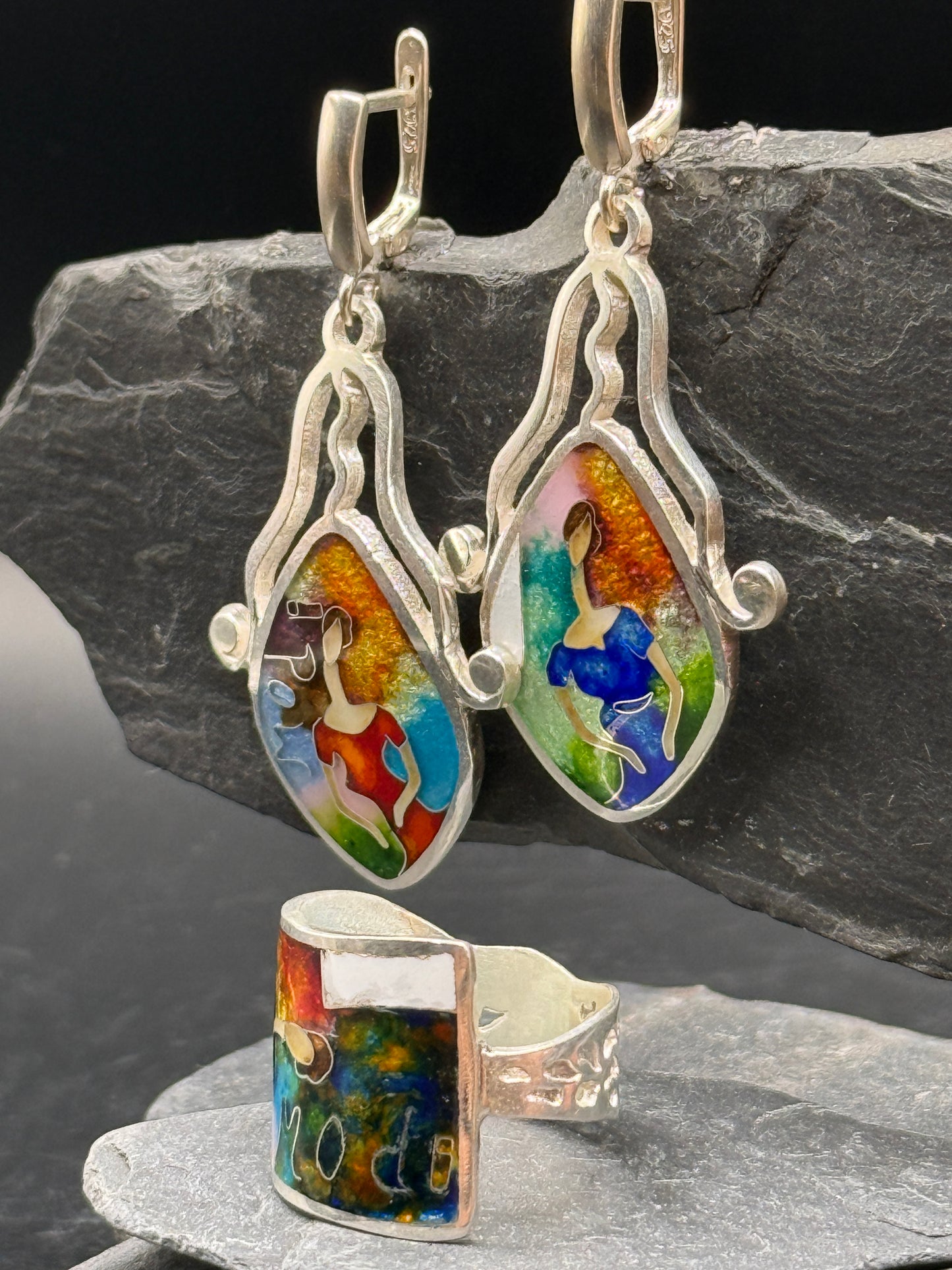 Earrings & Ring "Modigliani Muse" - Minanqari Silver & Enamel Set