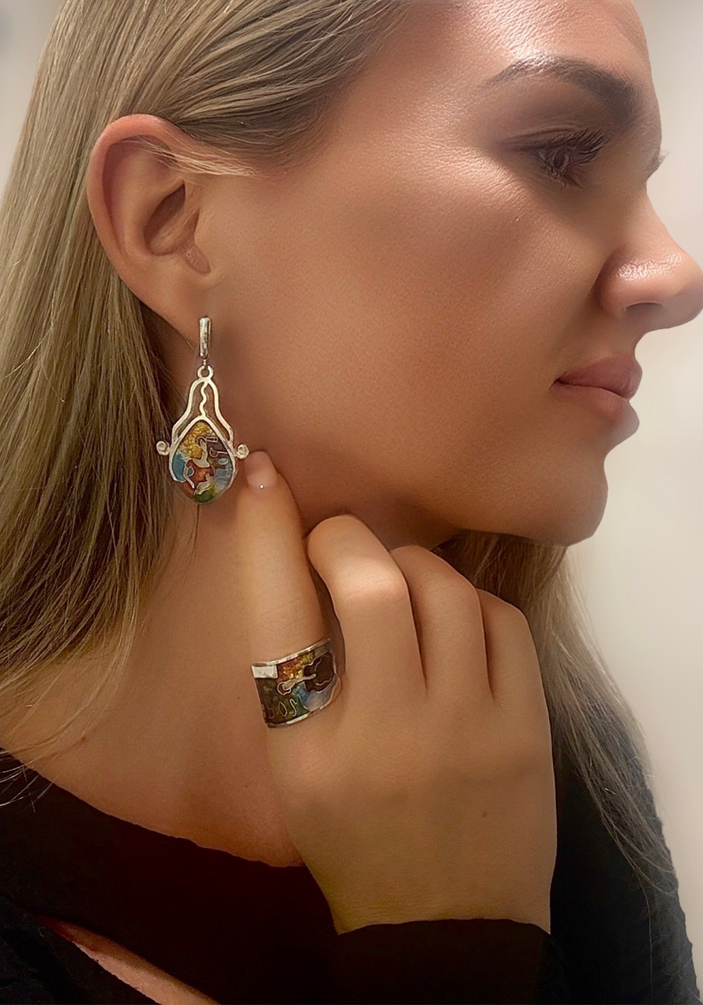 Earrings & Ring "Modigliani Muse" - Minanqari Silver & Enamel Set