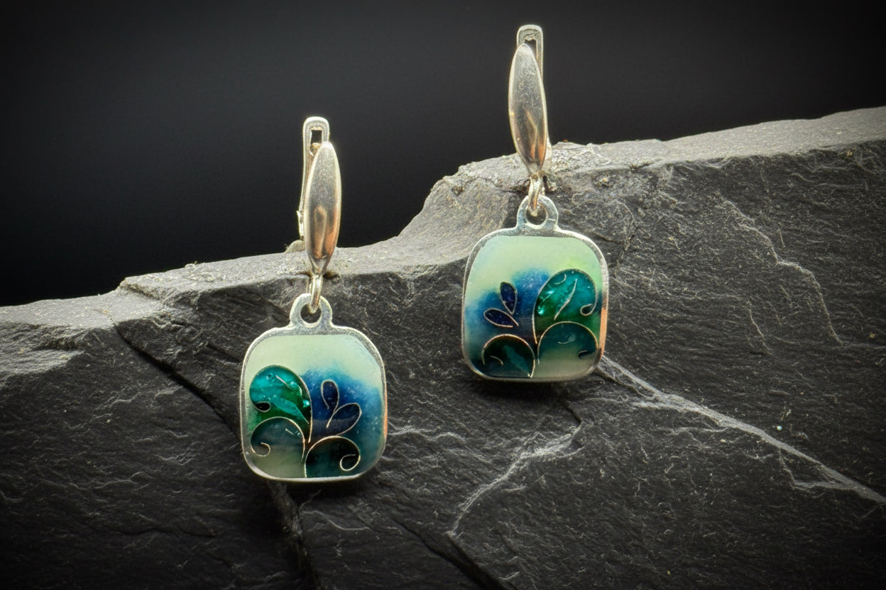 Earrings "Blue Leaves Enamel" - Minanqari Silver & Enamel