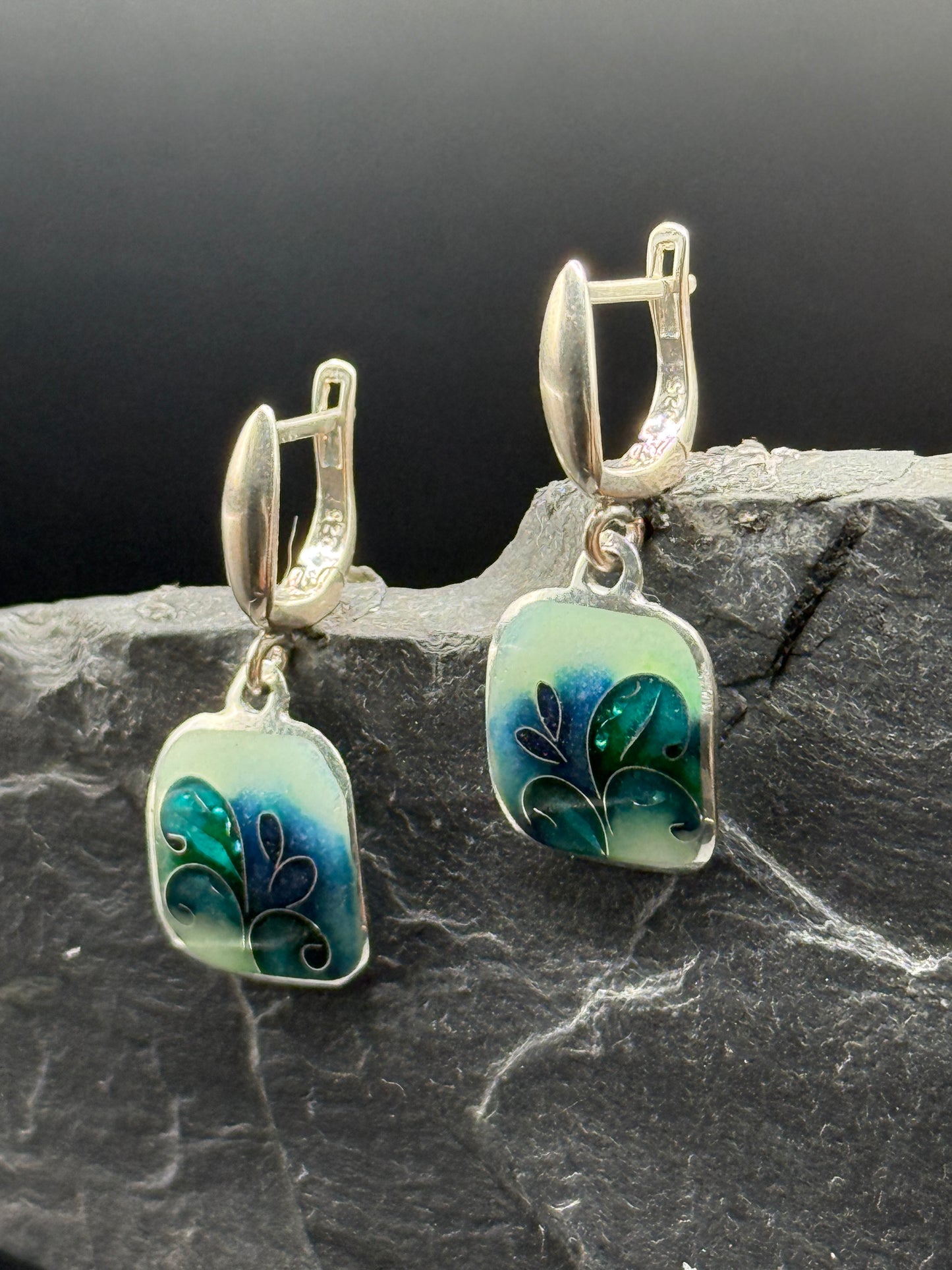 Earrings "Blue Leaves Enamel" - Minanqari Silver & Enamel