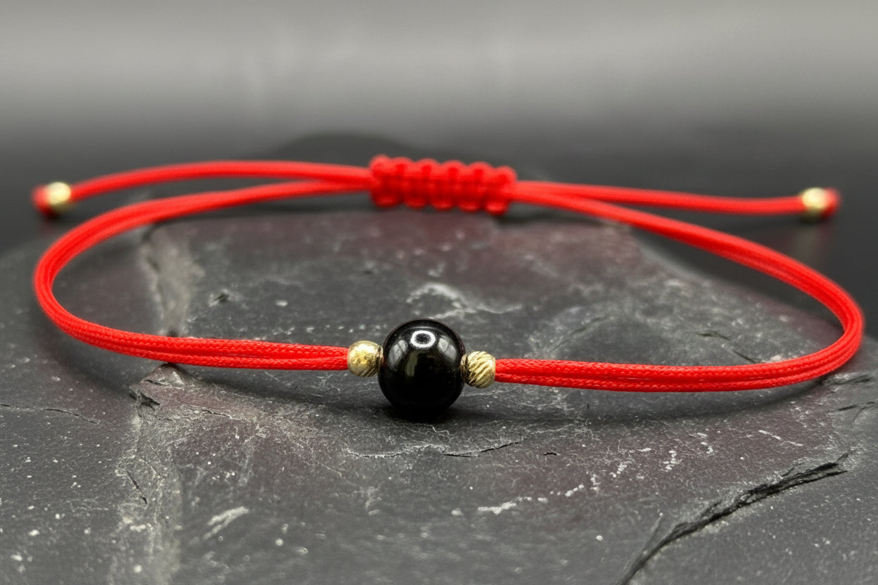 Jet & Gold Red String Bracelet – Protection Talisman