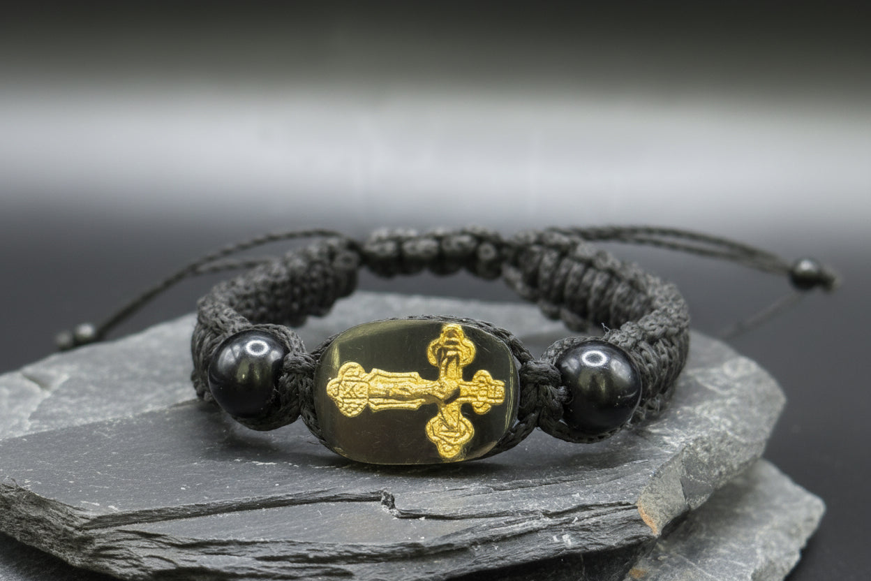 Jet Protection Bracelet with Gold Cross – Handmade Talisman