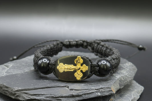 Jet Protection Bracelet with Gold Cross – Handmade Talisman