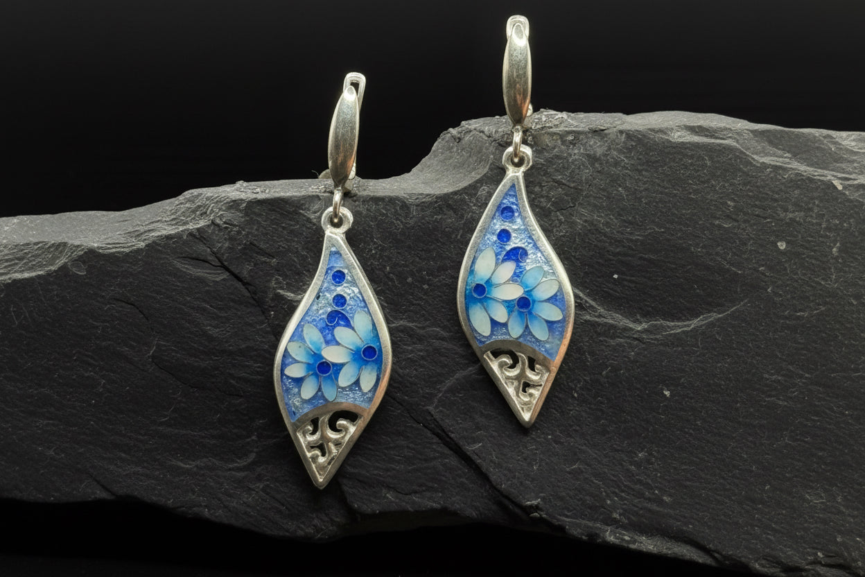 Earrings “Blue Blossom Drop” – Minanqari Silver & Enamel