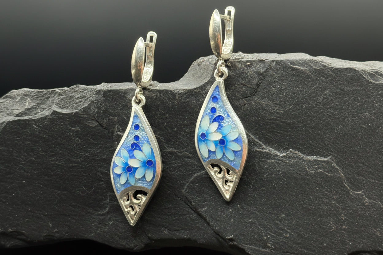 Earrings “Blue Blossom Drop” – Minanqari Silver & Enamel
