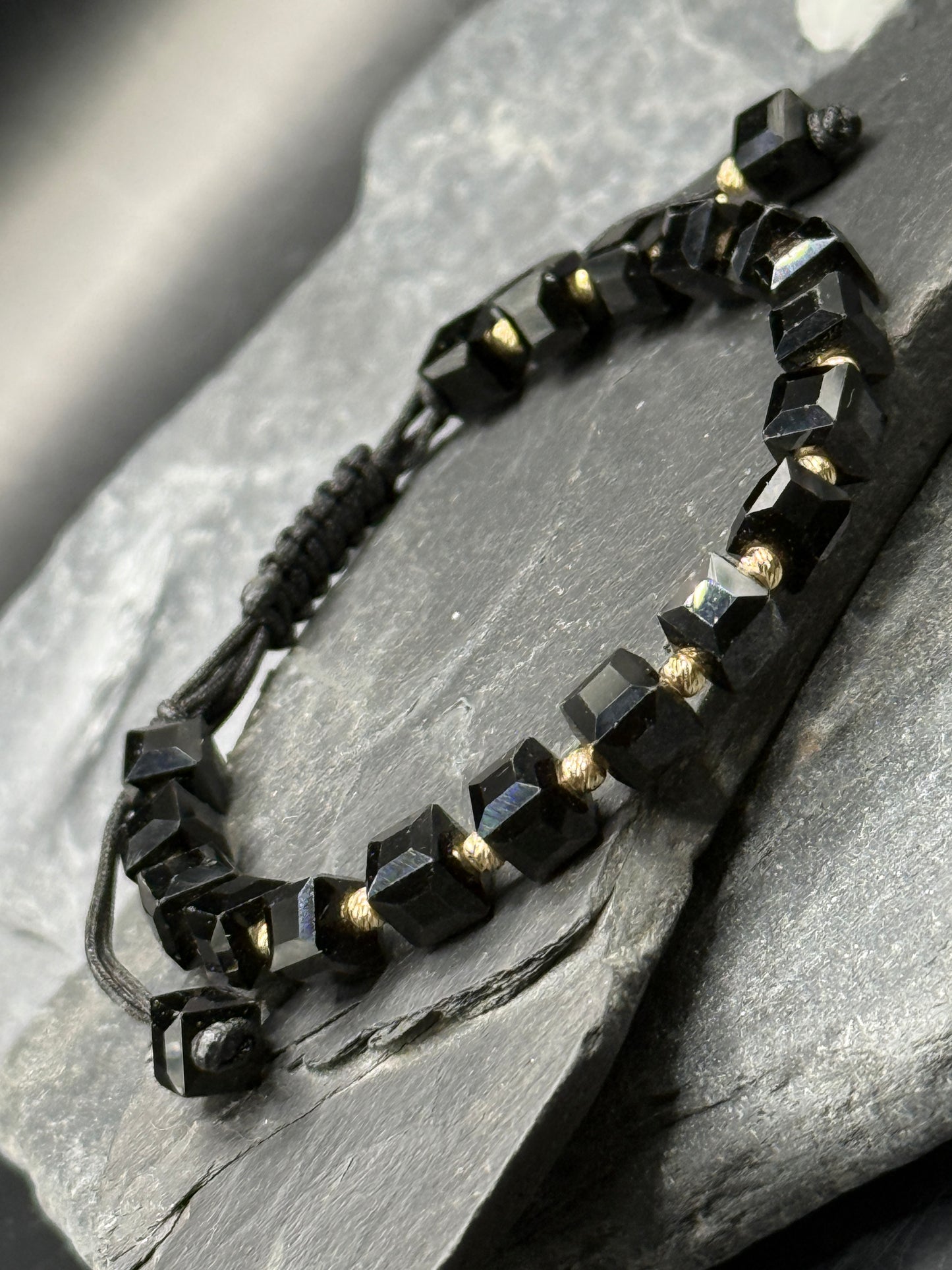 Jet & Gold Black String Bracelet – Protection Talisman
