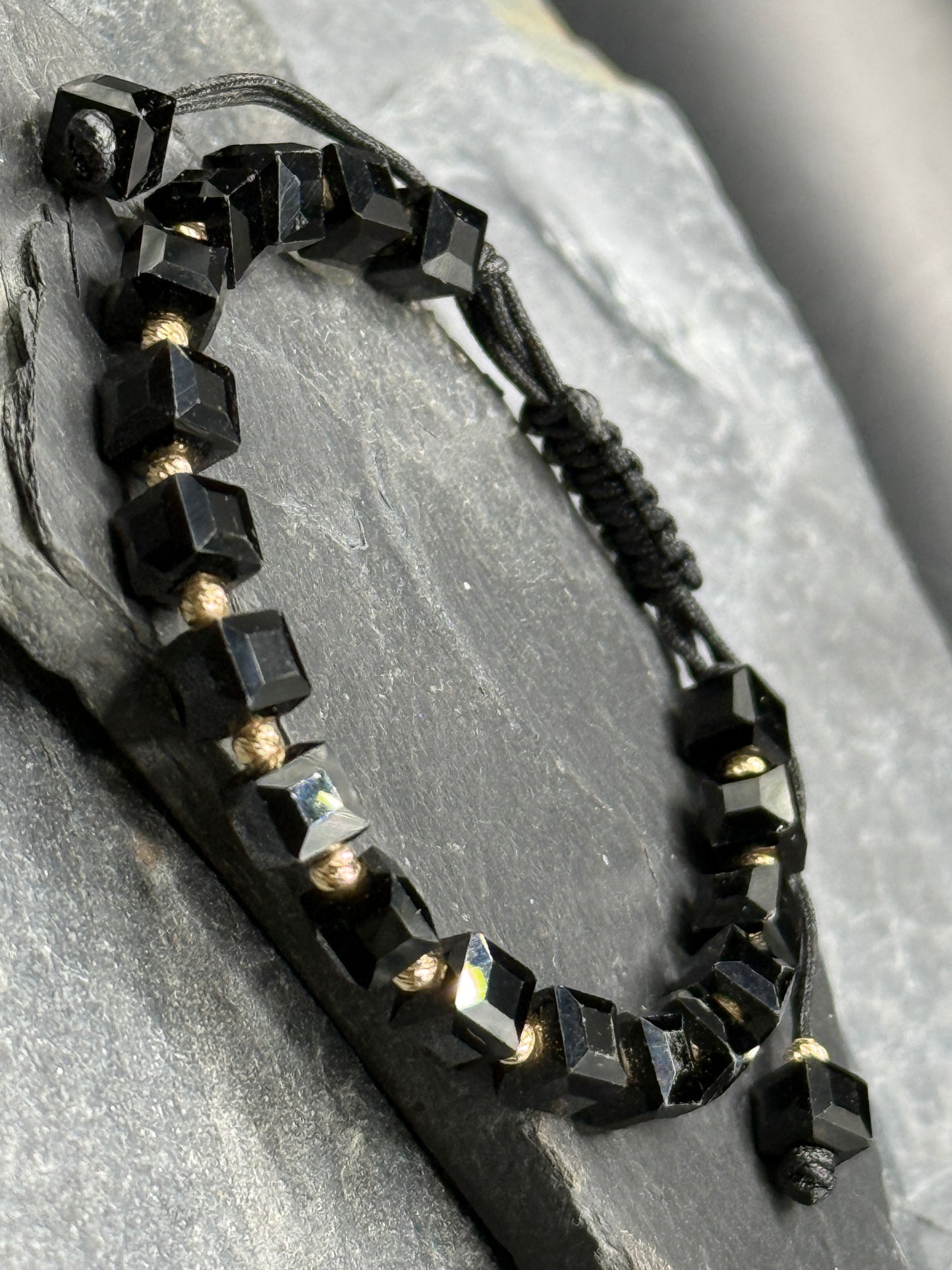 Jet & Gold Black String Bracelet – Protection Talisman