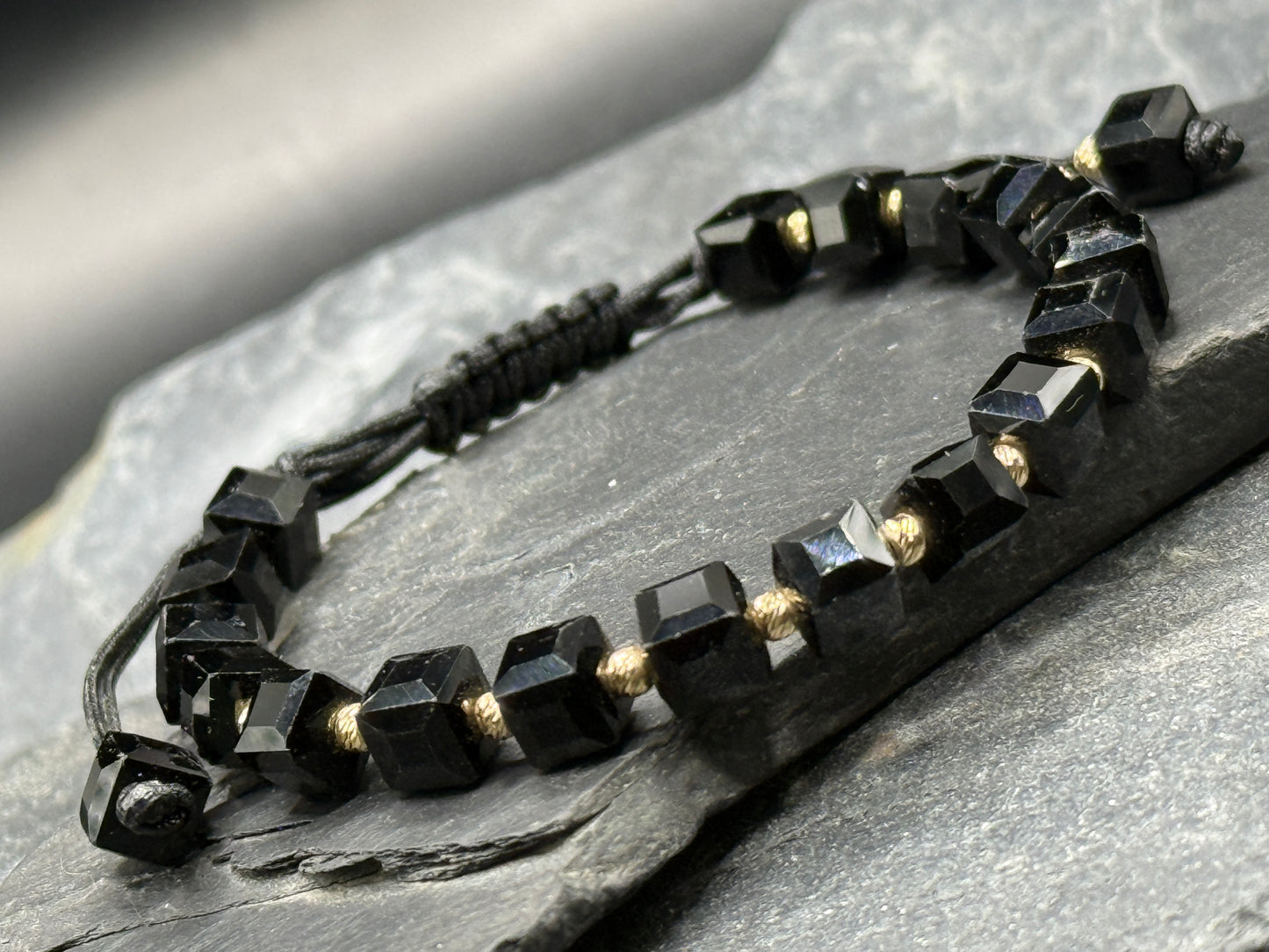 Jet & Gold Black String Bracelet – Protection Talisman