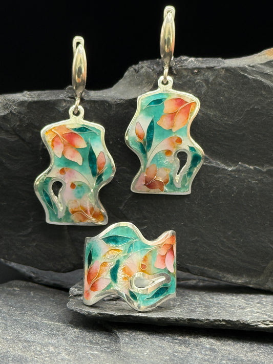 Spring Swan Minanqari Jewelry Set – Handmade Silver Enamel Earrings & Ring